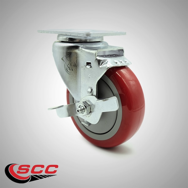 4 Inch SS Red Polyurethane Swivel Top Plate Caster with Brake
